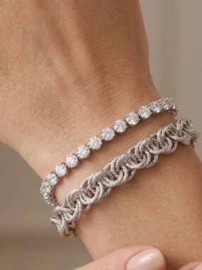 Layered Crystal & Chain Bracelet Set - Platinum Plated, Water Resistant